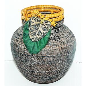 Vintage Handcrafted Ceramic Vase Wicker Rim Leaf Accent Unique Ceramics Ghana